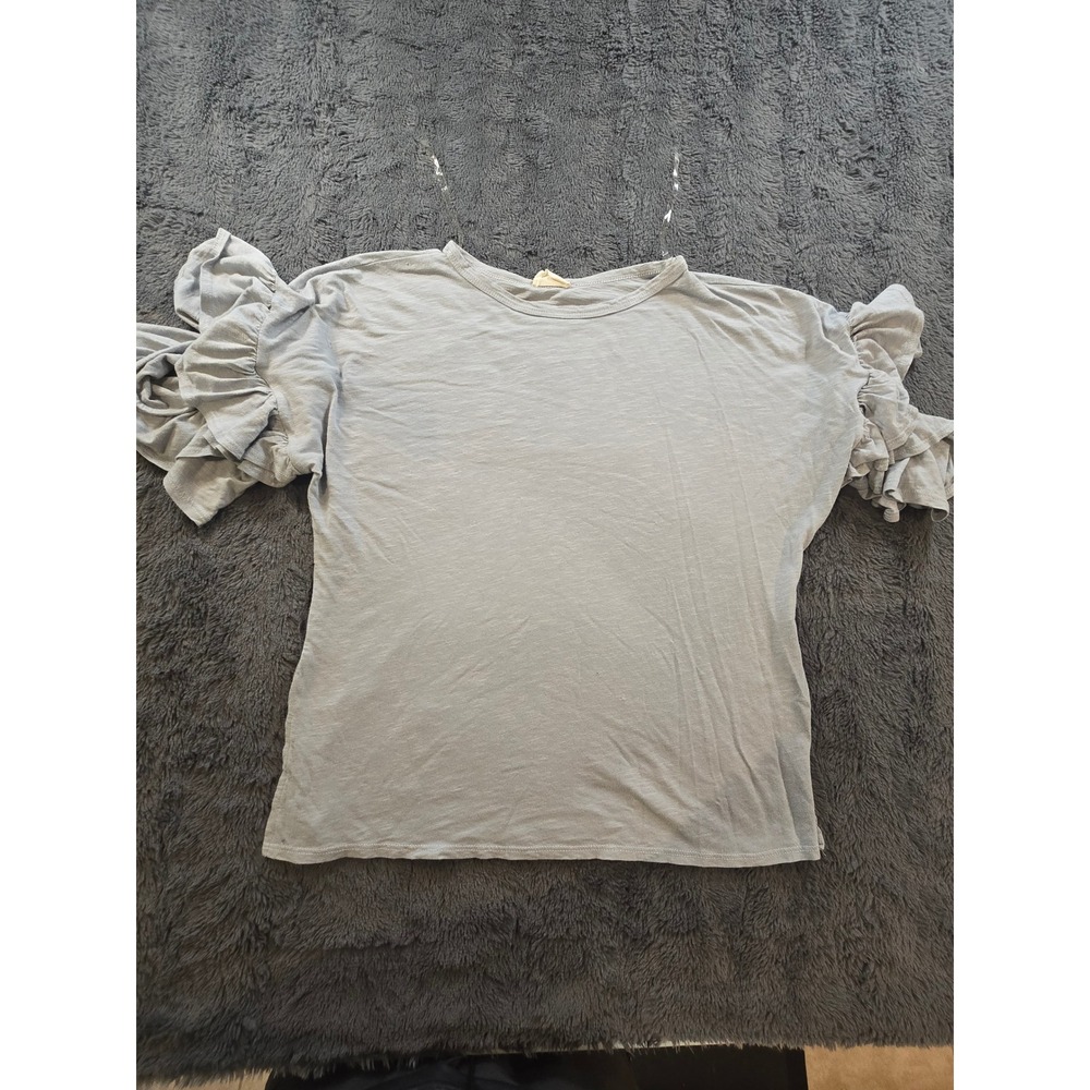 143 Story by Line Up Womens Ruffle Short Sleeve Slub Knit T-Shirt Light Blue L